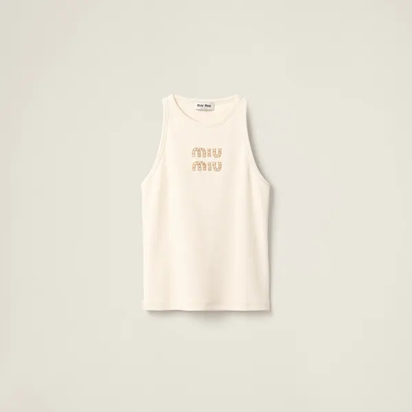 セレブ愛用中ミュウミュウ 刺繍ロゴ入り ジャージー リブ編み タンクトップ コピー MJT678