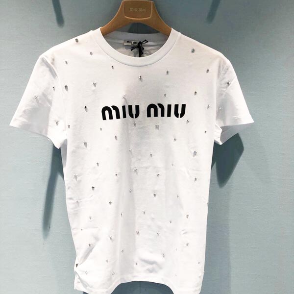 ミュウミュウ★偽物 装飾付 ジャージー TシャツMJN240_1XE1_F0009