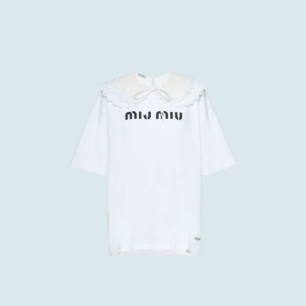 【ミュウミュウ】スーパーコピー レディース★アイレット刺繍レースジャージー TシャツMJN237_1XE0_F0009