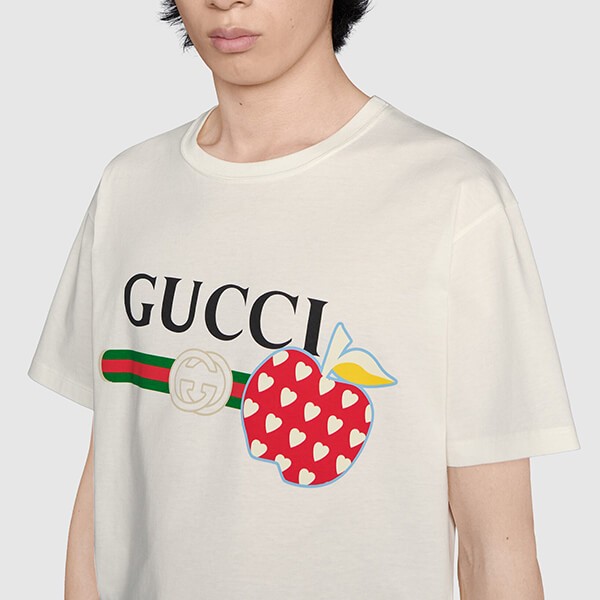 【21AW】グッチ Tシャツ 偽物 パロディ アップル＆ハート レポム メンズ Tシャツ 半袖 林檎 ホワイト 548334 XJDNC 9095