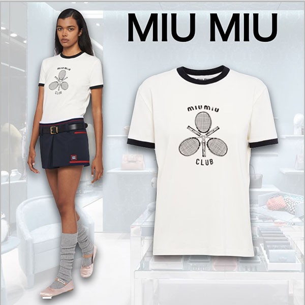 【セールで奇跡の入荷！】ミュウミュウ ストレートフィット ジャージー Tシャツ 偽物MJN416_115I_F0304