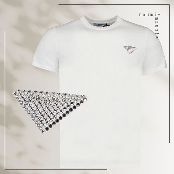 大人気！黒ローファーと♪プラダ ラインストーンロゴ Tシャツ 偽物35838RS162