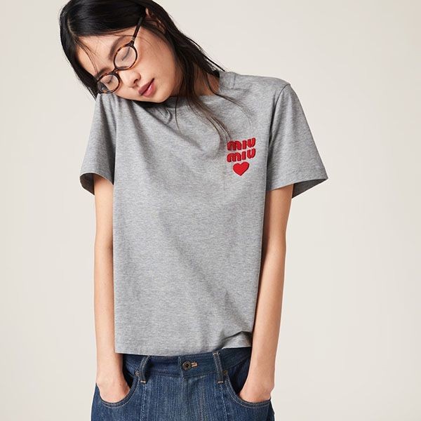 定番ミュウミュウ N級品 ロゴ コットンジャージー Tシャツ MJN499_13VL_F0031_S_WMO