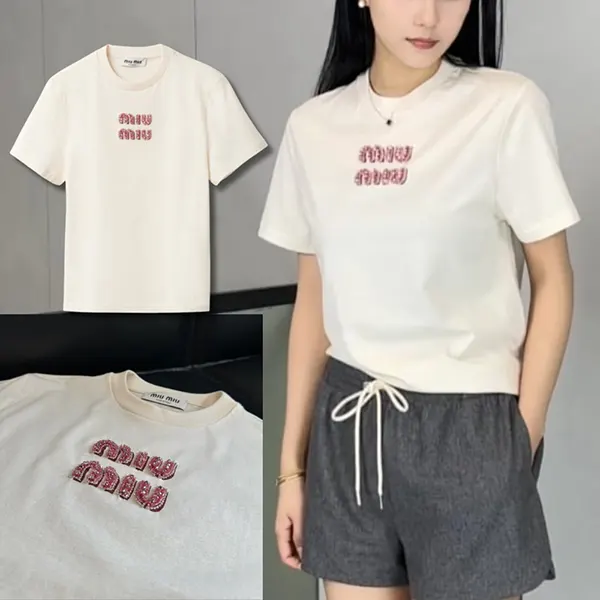 ミュウミュウ ロゴ刺繍 ジャージーTシャツ MJN499