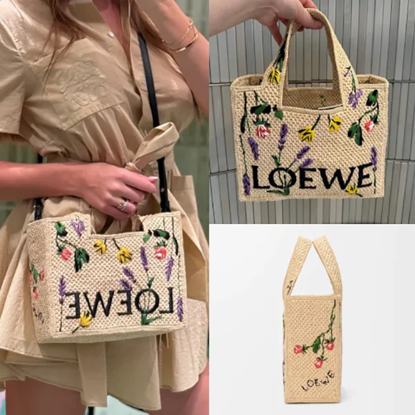 人気アイコン！即発送ロエベ フォントトートバッグ パチモン ラフィア 花刺繍 ALF1B59X26